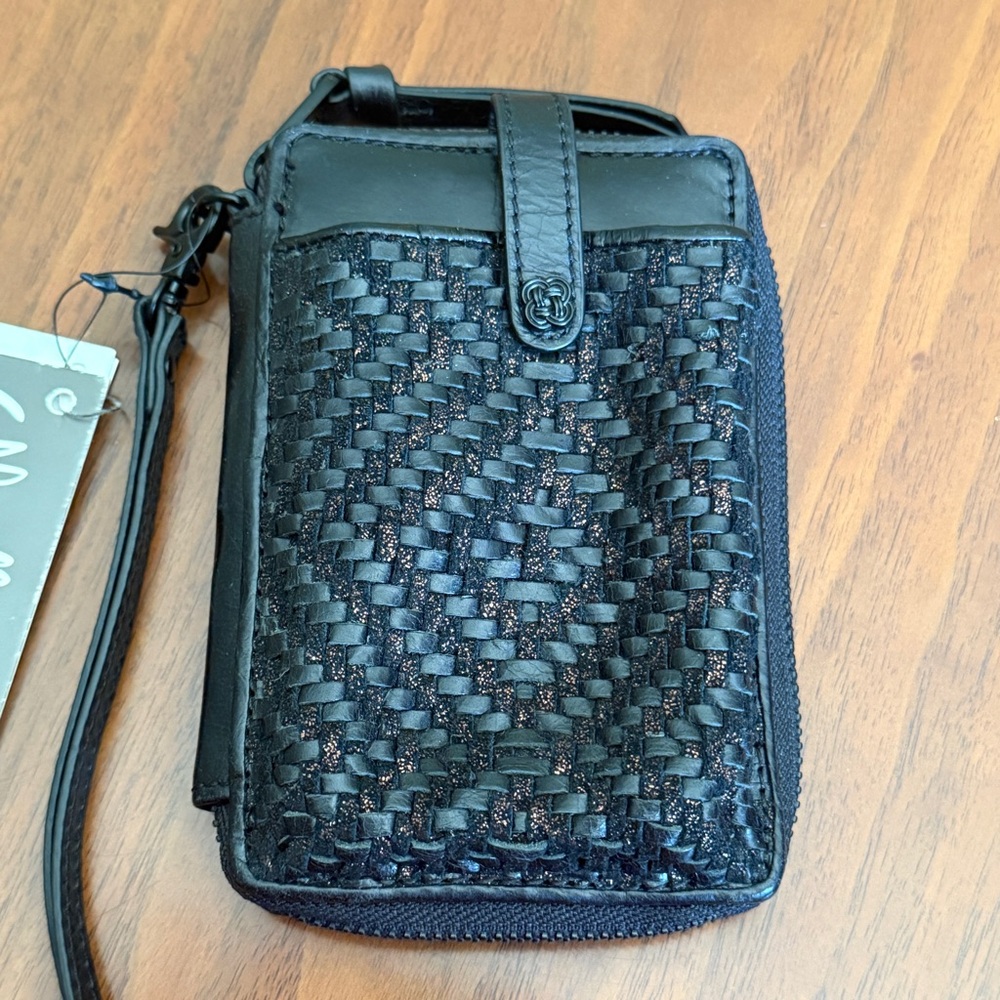 Elliot Lucca wristlet wallet phone case genuine leather woven zippered black NWT